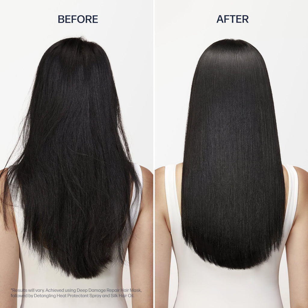 Before and after using UNOVE Deep Damage Repair Hair Mask — official UNOVE imagery, results may vary