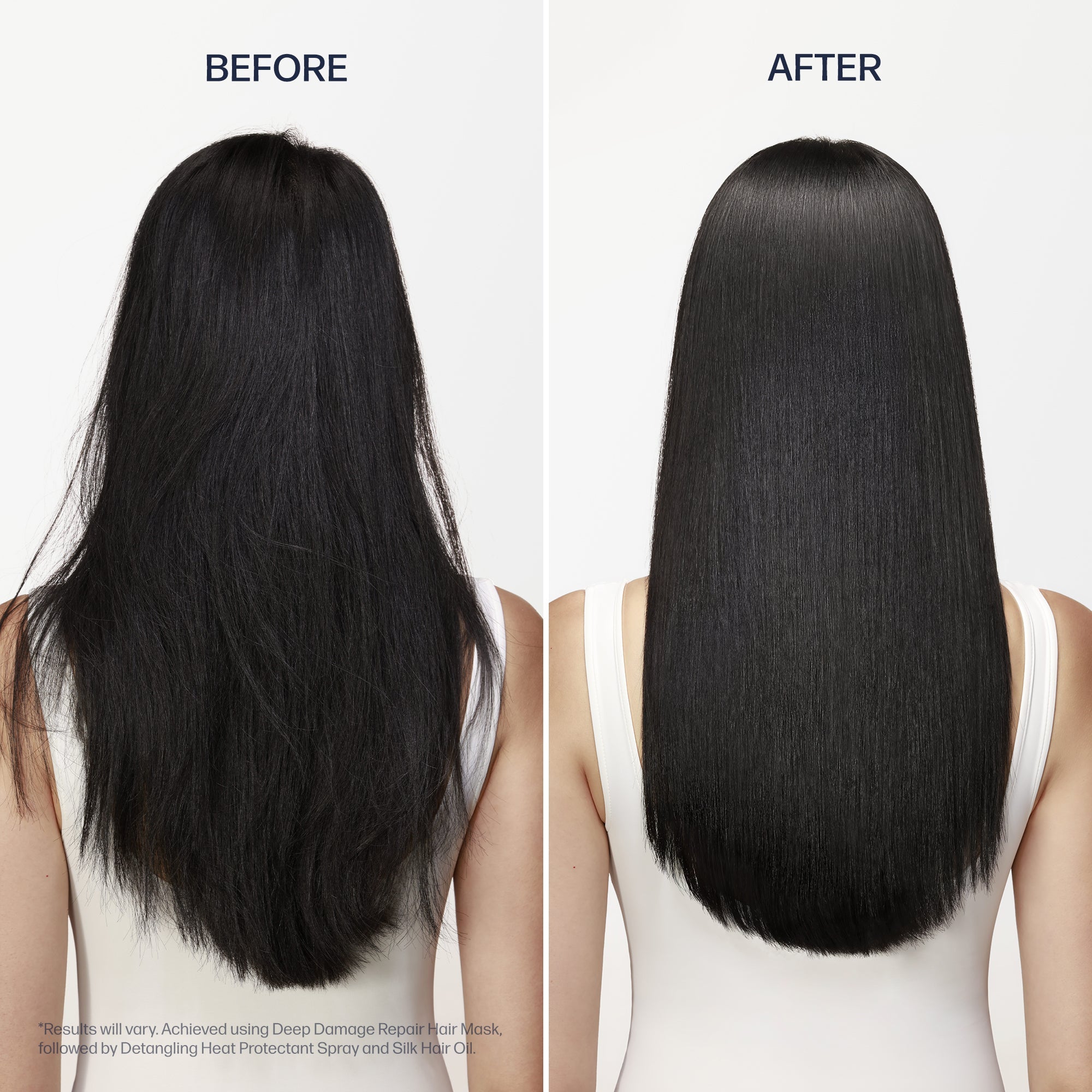 Before and after using UNOVE Deep Damage Repair Hair Mask — official UNOVE imagery, results may vary